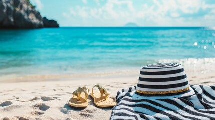 Black and white striped sun hat, blue towel with flip-flops on the sand at a beach background.