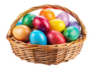 Colorful easter eggs in wicker basket isolated on transparent background Generative Ai. 
