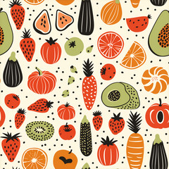 Fruits and Vegetables Playful Seamless Pattern in Hand-drawn Style