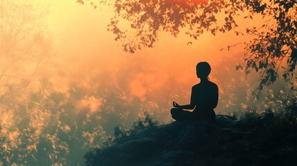Obraz premium Silhouette of woman meditating in lotus position atop a rock outcrop at sunrise, amidst a misty forest.