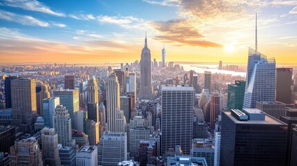Sunset skyline view new york city urban landscape photography vibrant sky aerial perspective city life concept