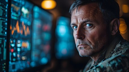 Serious soldier monitors data late at night