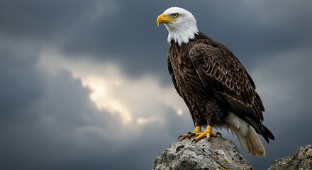 Fototapeta premium Bald Eagle Perched on Rock Against Dramatic Sky in Natural Habitat
