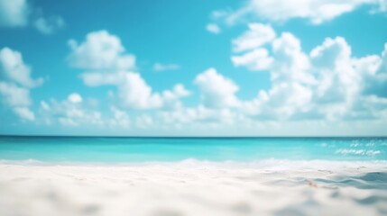 Fototapeta premium Beautiful beach with white sand and blue sky background, a summer vacation concept banner with copy space for text.