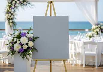 Blank canvas on easel surrounded by flowers in outdoor garden setting ready for an artistic event at daytime. A blank white canvas on an easel by colorful flowers in a rustic setting, 