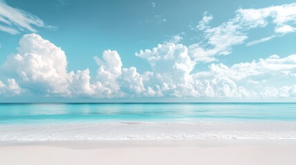 Obraz premium Beautiful beach with white sand and blue sky background, a summer vacation concept banner with copy space for text.