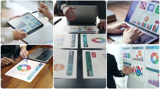 Collage video of various business scenes, transition from white background