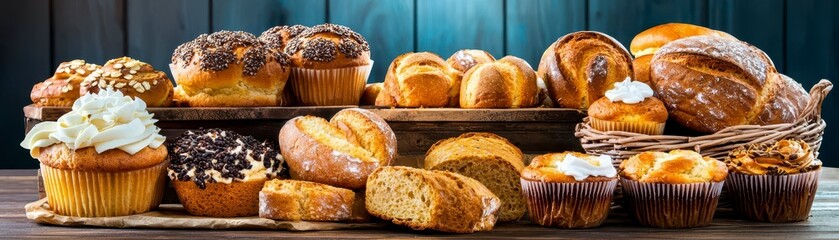 Fototapeta premium Delicious bakery selection of freshly baked bread and pastries cozy kitchen food photography warm ambiance close-up view