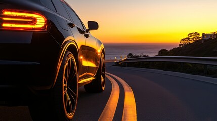 Sunset Drive Along Coastal Road with Luxury SUV and Scenic Ocean View