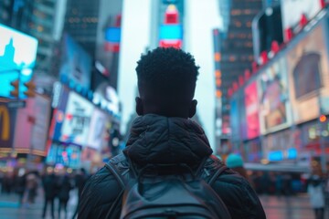 Obraz premium Young black man facing away from camera in blurred times square