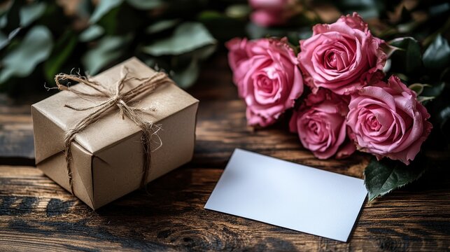 Top view of pink roses and empty white card on wooden surface. Versatile template for greeting cards, gifts, and heartfelt message branding.