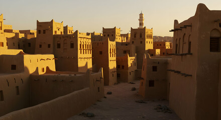 Ancient Beige Desert Town At Golden Hour