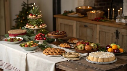 Festive holiday dinner table with traditional food and desserts