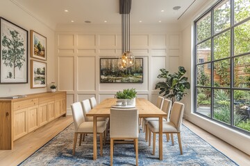 Dining room with white walls, light wood wainscoting, blue rug, modern chandelier above large wooden table with six chairs, framed art above desk, garden view from window.