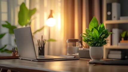 Fototapeta premium A minimalist workspace featu a laptop, houseplants, and stationery on a clean wooden desk bathed in warm, natural light creating a calm and productive atmosphere perfect for