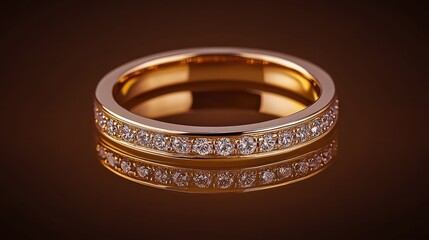 A beautifully crafted eternity gold ring with sparkling diamonds, casting elegant reflections on a polished gold background.