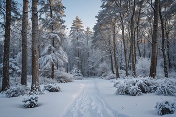 Obraz premium Winter Wonderland in Snowy Forest Timberland