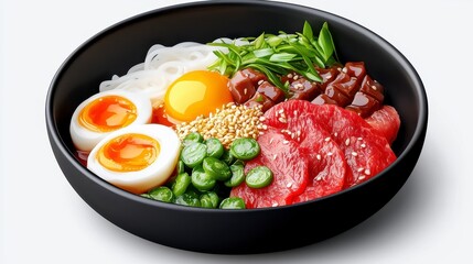 Colorful Food Bowl with Raw Red Meat, Eggs, and Noodles