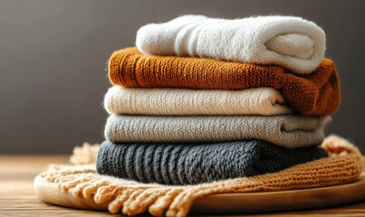 Cozy Collection of Soft Textured Towels in Warm Earthy Tones on Wooden Surface