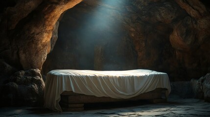 Jesus shroud in the tomb, Jesus Christ empty tomb, He is risen, Holy Saturday, Symbolizing Jesus crucifixion.