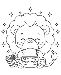 Coloring book lion eating a burger with fries, surrounded by sparkles