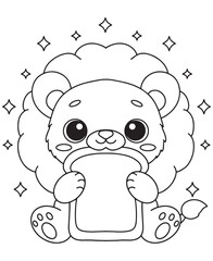 Coloring book lion eating toast with sparkles around. Fun line art for coloring