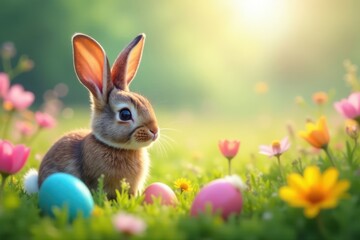 Bunny ears with hidden Easter eggs in a sea of colorful wildflowers, bunny, meadow