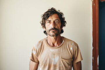 Obraz premium Portrait of a middle aged Hispanic male plastering painter in the living room