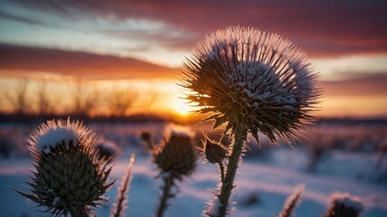 Snow Covered Thistle at Sunset with Dramatic Sky and Field