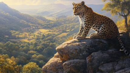 Obraz premium A confident leopard sits on a rocky peak, watching over the valley with an air of unshakable authority.