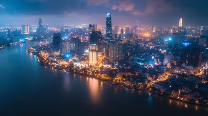 Fototapeta premium Vibrant cityscape evening lights ho chi minh city aerial photograph urban environment nighttime view modern architecture