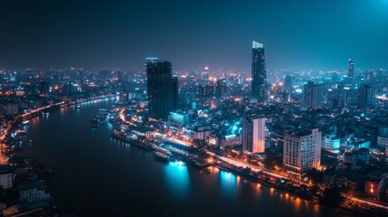 Fototapeta premium Nighttime cityscape overlooking river urban landscape aerial view vibrant lights modern architecture for seo impact