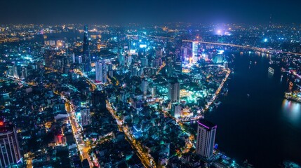 Fototapeta premium Vibrant nightlife overlooking the cityscape urban setting aerial view dynamic atmosphere