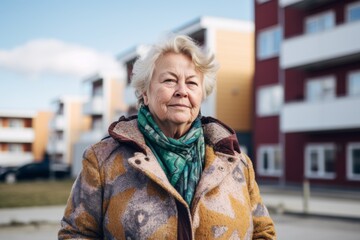 Portrait of a senior body positive woman with slightly messy modern apartment in the background in Sweden