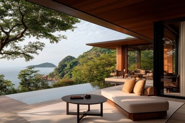 Fototapeta premium Modern Coastal Retreat with Scenic Ocean View and Luxurious Outdoor Space