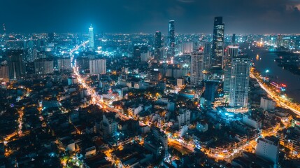 Fototapeta premium Nighttime cityscape photography urban jungle aerial view vibrant lights modern architecture metropolitan environment