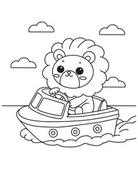 Coloring book lion driving a boat under a cloudy sky. Fun line art for coloring