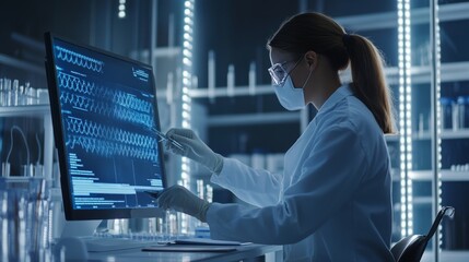 A genetic scientist analyzing DNA sequences in a futuristic bio lab, high-tech genetic research facility, Scientific style