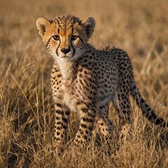 Naklejka premium Cheetah Cub Learning to Hunt in the Wild.