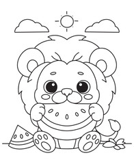 Coloring book lion eating a slice of watermelon under a sunny sky with clouds