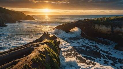 Waves Crashing on Rocky Coastline with Sun Shining Through Clouds