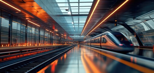 High-speed train arriving at modern station.