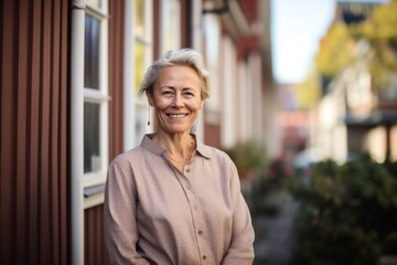 Portrait of a senior body positive woman with slightly messy modern apartment in the background in Sweden