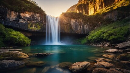 Obraz premium Majestic Waterfall Flowing into Clear Pool Surrounded by Lush Landscape