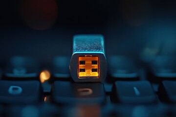 Obraz premium Close-Up View of USB Connector on Dark Keyboard with Bokeh Background