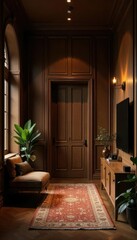 Rich wood paneling and warm lighting create coziness, cozy, dark wood tones