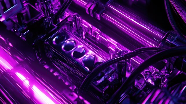 A futuristic actuator system with exposed wiring and metal joints, bathed in a radiant neon purple glow