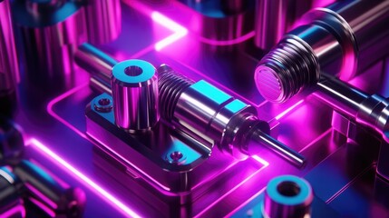 A futuristic mechanical actuator with polished metal components, highlighted against a glowing neon purple background