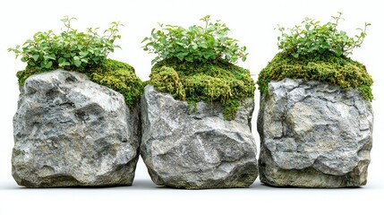 Three Mossy Rocks with Greenery: A Tranquil Nature Scene
