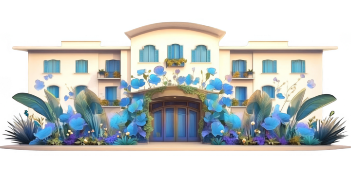 Elegant Illustrated House with Blue Floral Decor on Isolated Transparent Background